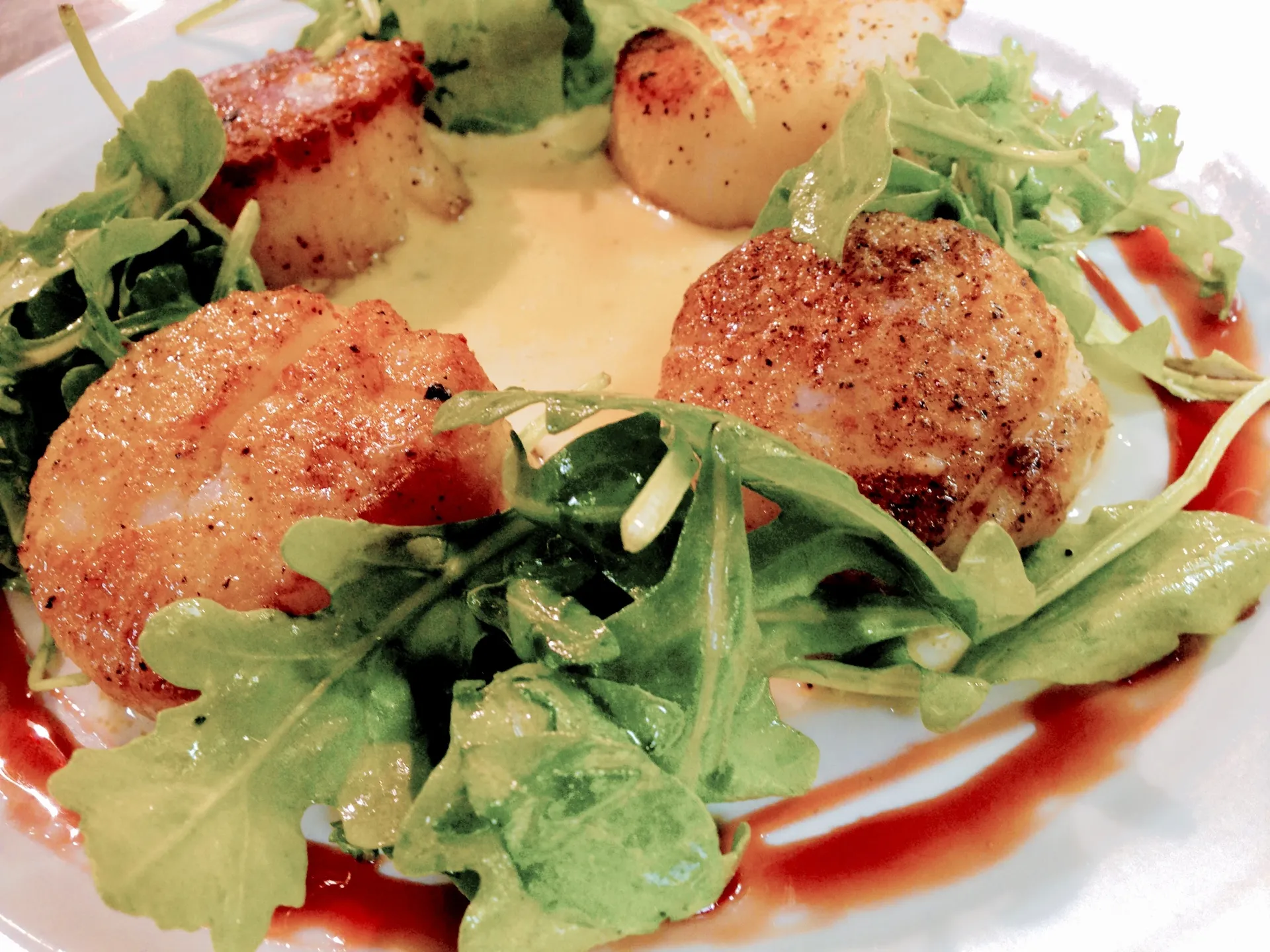 Seared scallops over arugula